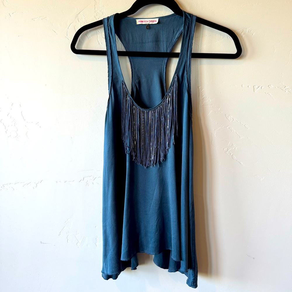 Rebecca Taylor Beaded Fringe Silk Tank, Size 6, Teal